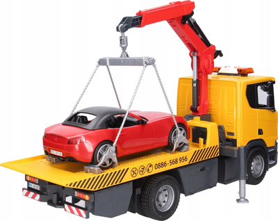 Set lodrash Bruder Scania Super 560R Roadside Assistance Tow Truck me Roadster, drita dhe tinguj, shkalla 1:16, shumëngjyrësh