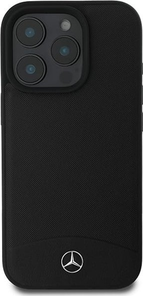 Këllëf telefoni Mercedes me lëkurë me reliev dhe të lëmuar, për iPhone 16 Pro Max, me MagSafe, i zi