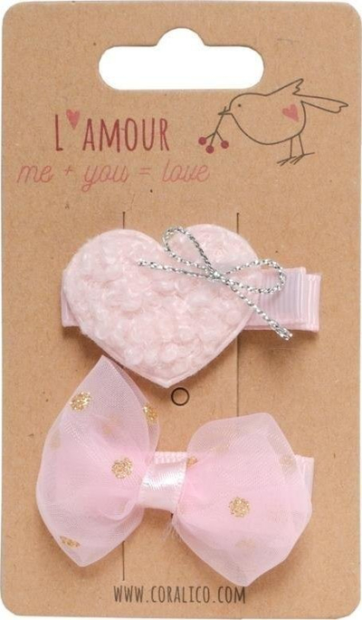 Set kapëse flokësh Coralico Clips With Heart And Bow, me zemër dhe fjongo, rozë