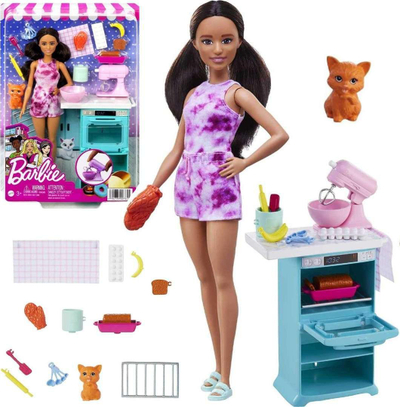 Set lodër Barbie Kitchen Playset, kukull me kuzhinë, me kotele dhe aksesorë, shumëngjyrësh