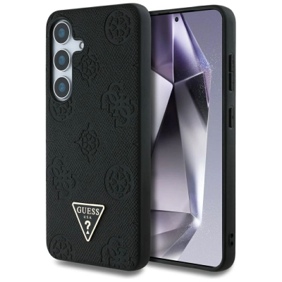 Mbrojtëse telefoni Guess Peony Triangle Logo MagSafe për Samsung Galaxy S25, lëkurë eko, e zezë