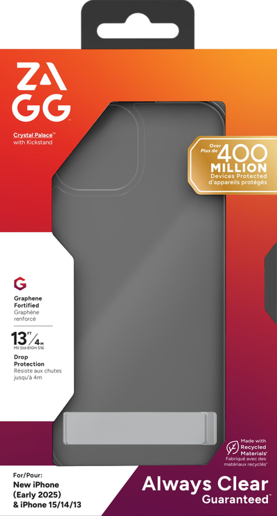 Mbështjellës telefoni ZAGG Crystal Palace Kickstand, për iPhone 16 15 14 13, kompatibil me MagSafe, transparent