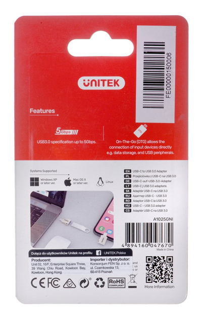Adapter USB Unitek A1025GNI, USB C në USB A, 5 Gbps, argjendtë
