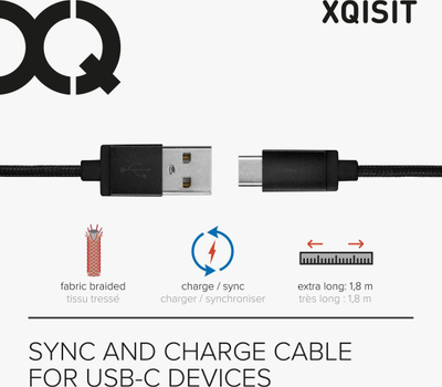 Xqisit USB-A до USB-C Кабел, 1.8 м, Црн