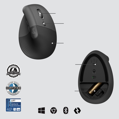Maus ergonomik vertikal Logitech Lift, pa tela, 4000 DPI, i zi