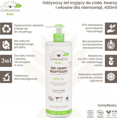 Xhel pastrimi ushqyes për bebe Alphanova Baby, për trup, fytyrë edhe flokë, 400 ml