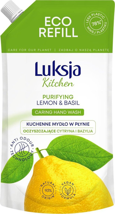 Sapun i lëngshëm duarsh Luksja Kitchen Lemon Basil, për kuzhinë, eco refill 400ml, i verdhë