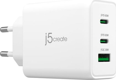 Karikues USB J5create JUP3365E EN, 65W GaN, me 3 porta USB C edhe USB A, i bardhë