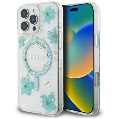 Калјак за телефон Guess Resin Flowers Glitter, MagSafe, за iPhone 16 Pro 6.3", тиркизен