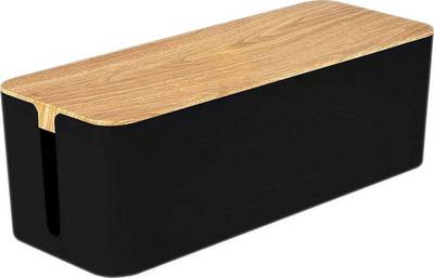 Kuti për sistemu kabllot Mozos Ebox, për zgjatues edhe fisha, plastikë ABS, e zezë me kapak dru