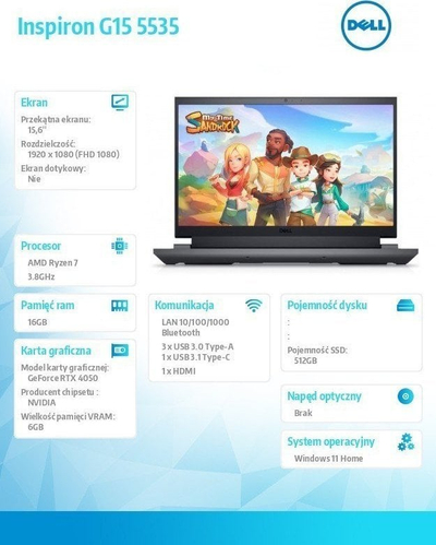 Laptop Dell Inspiron G15 5535, 15.6", Ryzen 7 7840HS, 16GB RAM, 512GB SSD, Nvidia RTX 4050