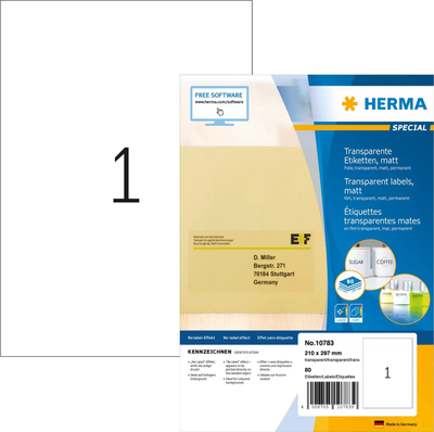 Etiketa vetëngjitëse HERMA 10783, A4 210 x 297 mm, 80 fletë, transparente mat