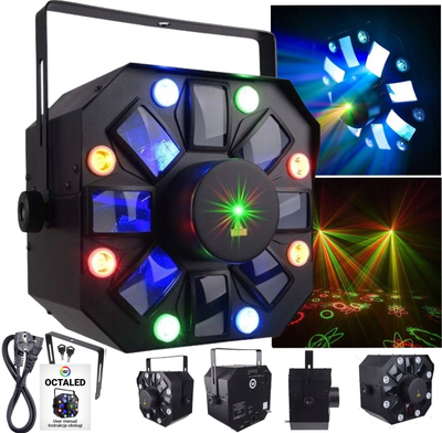 Efekt drite Light4Me Octaled, 3 në 1, LED RGBWA, lazer i kuq dhe jeshil, i zi