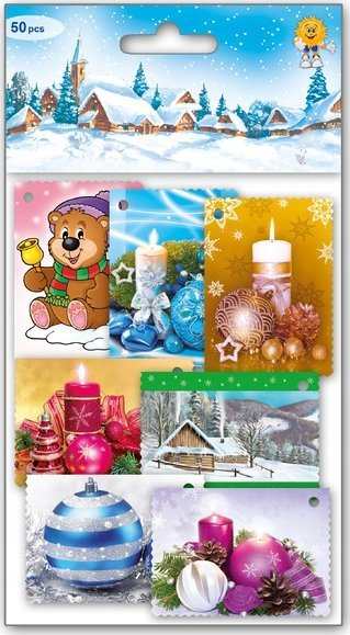 Etiketa dhuratash MFP për Krishtlindje, set me 50 copë, me motive festive, shumëngjyrëshe
