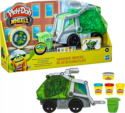 Set plasteline Play Doh Wheels Dumpin Fun, kamion mbeturinash 2 në 1, 3 kanaçe, shumëngjyrësh