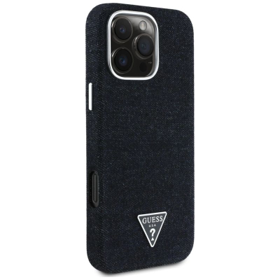 Футрола за телефон Guess Denim Triangle Logo MagSafe за iPhone 16 Pro, тврда маска, црна