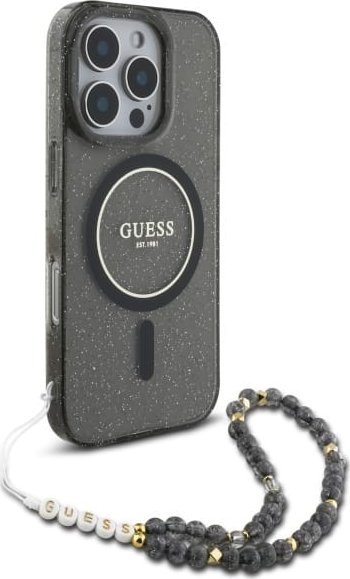 Kuti mbrojtëse Guess Glitter Pearl Strap MagSafe për iPhone 16 Pro Max 6.9", me rrip rruazash, e zezë