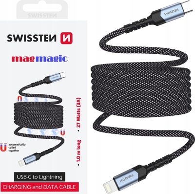 Kabull magnetik Swissten Self Retracting, USB C dhe Lightning, 1 m, zi-argjend