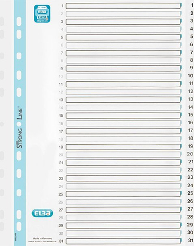 Indeks dosjeje Elba Strong-Line A4+, 1-31, PP, i bardhë