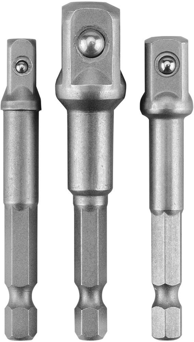 Set adapterësh për çelësa, 1/4" Hex, 1/4" 3/8" 1/2", gri