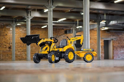 Traktor lodër Komatsu me pedale, ngarkues përparmë dhe pasëm, rimorkio, i verdhë