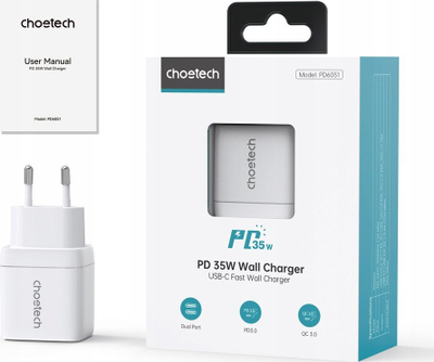 Karikues mural ChoeTech PD35W Dual Type C GaN, 35W, 2x USB C, i bardhë