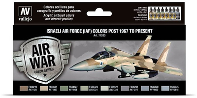 Set boje akrilike Vallejo Air War Israeli Air Force, 8x17ml, për aerograf, shumëngjyrësh