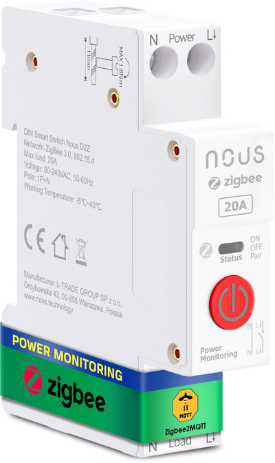 Rele e zgjuar DIN Nous D2Z, Zigbee 3.0, 20A, e bardhë