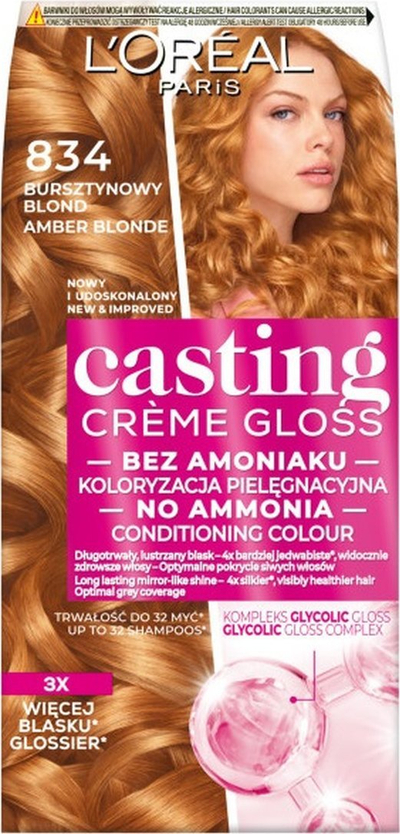 Bojë flokësh L’Oréal Paris Casting Creme Gloss 834 Amber Blonde, gjysmë e përhershme, pa amoniak