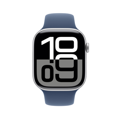 Apple Watch Series 10 GPS, 46mm, Silver Aluminum Case with Denim Sport Band, S/M