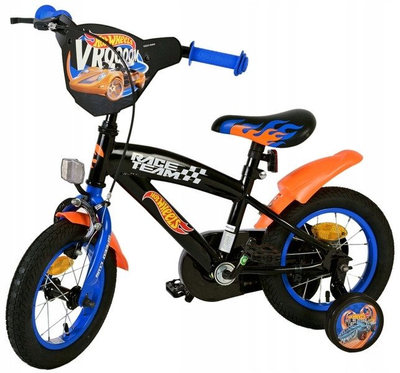 Bicikletë fëmijësh Volare Hot Wheels 12", me rrota ndihmëse, e zezë portokalli blu