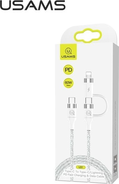 Kabllo USB Usams U31, USB-C në USB-C / Lightning, 1.2 m, e bardhë