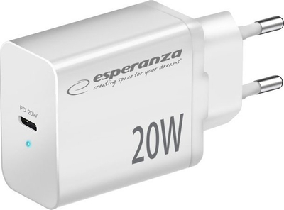 Полнач за ѕид Esperanza EZC104W, 20W, УСБ Ц ПД, бел