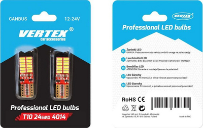Llamba LED auto Vertex Canbus 24 SMD W5W, 12V 24V, e bardhë, palë