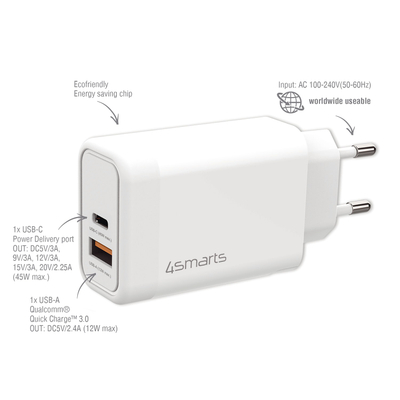 Adapter rryme 4smarts VoltPlug, 45W, me 2 porta USB e USB-C, i bardhë