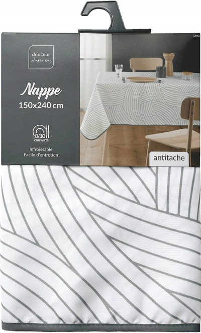Mbulesë tavoline Linea, poliester, 150 x 240 cm, e bardhë me printim