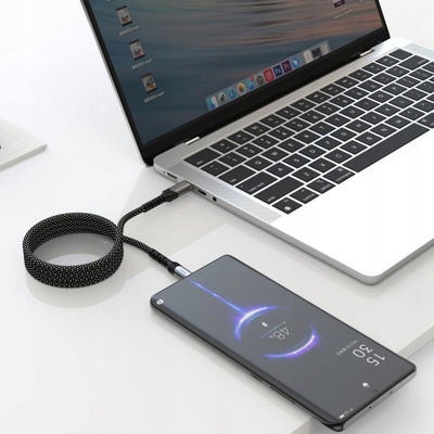 Kabllo magnetike Swissten Self Retracting, USB C në USB C, 1m, e zezë me argjend