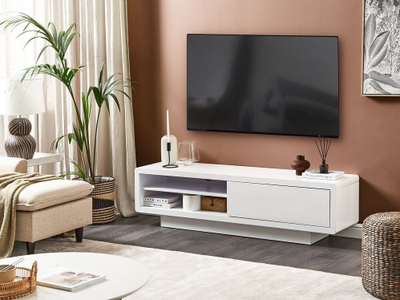 Komodinë TV ANTONIC, për TV gjer në 70", me rafte dhe dollap, e bardhë