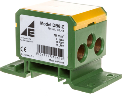 Блок распределувач Elektro-Plast DB6-Z 48.44, 5 точки за поврзување, монтажа на DIN шина, жолто-зелен