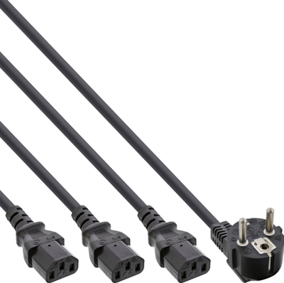 Кабел за напојување InLine Y-Power, 1x CEE 7/7, 3x IEC C13, црн