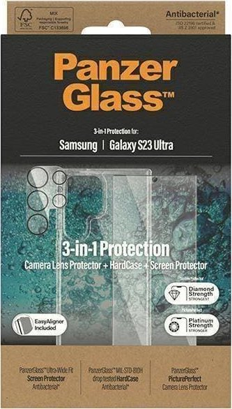 Set mbrojtës PanzerGlass 3 në 1, për Samsung Galaxy S23 Ultra, xham mbrojtës për ekran dhe HardCase transparent, i tejdukshëm