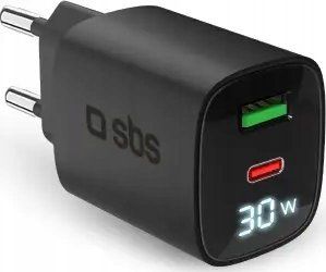 Karikues udhëtimi SBS Travel Charger PD GaN, 30W USB C, 18W USB, me ekran LCD, i zi