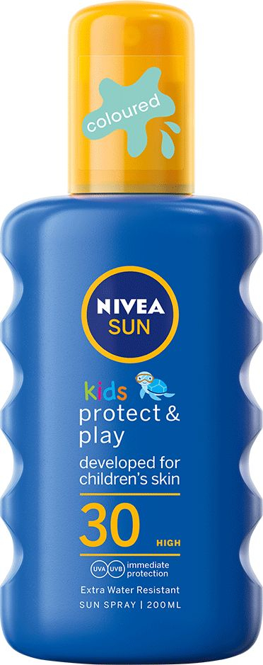 Krem dielli në sprej Nivea Sun Kids Protect &amp; Play, SPF 30, 200 ml, për kalama