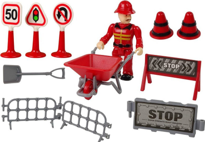 Set lojrash LeanToys Fire Department, kamion zjarrfikës me vinç, tabela rruge, i kuq