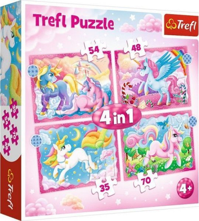 Puzzle për kalamoj Trefl Unicorns and Magic 4n1, 35/48/54/70 copa, 4+