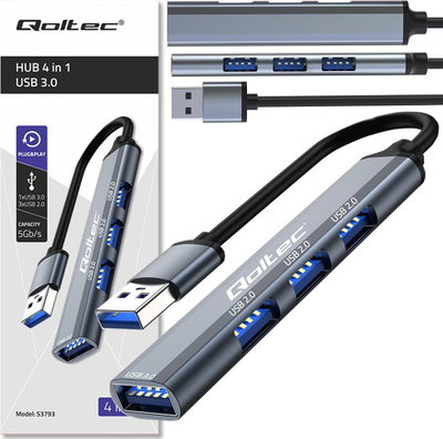 USB hub Qoltec 4in1, USB 3.0, 3x USB 2.0, gri grafit