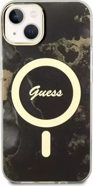 Mbulesë telefoni Guess Golden Marble, për iPhone 14 Plus 6.7", hardcase, MagSafe, e zezë