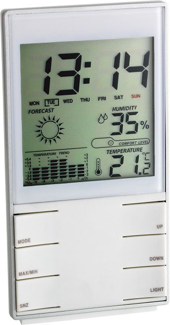 Stacion moti digjital TFA Dostmann 35.1102.02, me ekran të madh, mat temperaturën edhe lagështinë, i bardhë