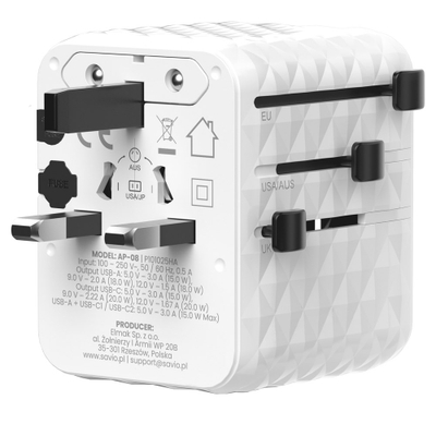 Adapter universal udhëtimi AP-08, 20W, USB-A dhe USB-C, i zi