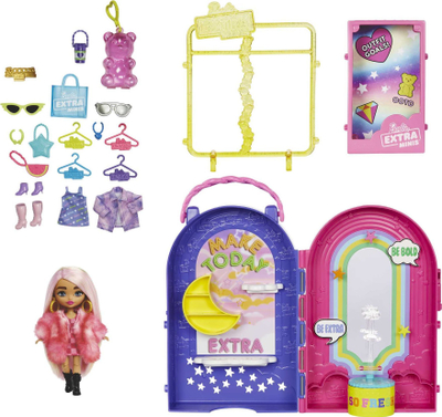 Set loje Barbie Extra Minis Fashion Boutique, kukull e vogël, 15 aksesorë, multingjyrësh